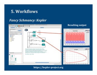 5.	
  WorkTlows	
  
Fancy	
  Schmancy:	
  Kepler	
  
                                                       Resulting	
  output	
  




                    https://kepler-­‐project.org	
  
 