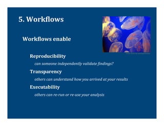 5.	
  WorkTlows	
  

 WorkTlows	
  enable	
  
 	
  
                                                                                                 From	
  Flickr	
  by	
  merlinprincesse	
  
        Reproducibility	
  
               	
  can	
  someone	
  independently	
  validate	
  Vindings?	
  
        Transparency	
  	
  
               	
  others	
  can	
  understand	
  how	
  you	
  arrived	
  at	
  your	
  results	
  
        Executability	
  	
  
               	
  others	
  can	
  re-­‐run	
  or	
  re-­‐use	
  your	
  analysis	
  
        	
  
 