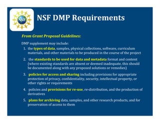NSF	
  DMP	
  Requirements	
  

 From	
  Grant	
  Proposal	
  Guidelines:	
  
	
  DMP	
  supplement	
  may	
  include:	
  
     1.  the	
  types	
  of	
  data,	
  samples,	
  physical	
  collections,	
  software,	
  curriculum	
  
         materials,	
  and	
  other	
  materials	
  to	
  be	
  produced	
  in	
  the	
  course	
  of	
  the	
  project	
  
  2.  	
  the	
  standards	
  to	
  be	
  used	
  for	
  data	
  and	
  metadata	
  format	
  and	
  content	
  
      (where	
  existing	
  standards	
  are	
  absent	
  or	
  deemed	
  inadequate,	
  this	
  should	
  
      be	
  documented	
  along	
  with	
  any	
  proposed	
  solutions	
  or	
  remedies)	
  
  3.  	
  policies	
  for	
  access	
  and	
  sharing	
  including	
  provisions	
  for	
  appropriate	
  
      protection	
  of	
  privacy,	
  con@identiality,	
  security,	
  intellectual	
  property,	
  or	
  
      other	
  rights	
  or	
  requirements	
  
  4.  	
  policies	
  and	
  provisions	
  for	
  re-­‐use,	
  re-­‐distribution,	
  and	
  the	
  production	
  of	
  
      derivatives	
  
  5.  	
  plans	
  for	
  archiving	
  data,	
  samples,	
  and	
  other	
  research	
  products,	
  and	
  for	
  
      preservation	
  of	
  access	
  to	
  them	
  
 