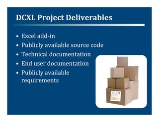 DCXL	
  Project	
  Deliverables	
  

•  Excel	
  add-­‐in	
  
•  Publicly	
  available	
  source	
  code	
  
•  Technical	
  documentation	
  
•  End	
  user	
  documentation	
  	
  
•  Publicly	
  available	
  
   requirements	
  
 