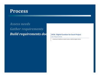Process	
  

Assess	
  needs	
  
Gather	
  requirements	
                        !




Build	
  requirements	
  document	
             !
                              "#$%&!"'(')*+!#,-*)'./!0.-!1234+!5-.643)!
                                                                          !


                                         !"#$%&#'()$#*#+,"%
                                         %%%%%!+)-#$"),.%/0%123)0/$+)2%1($2,)/+%1#+,#$4%123)0/$+)2%5)6),23%7)8$2$.%
                                           %%
 