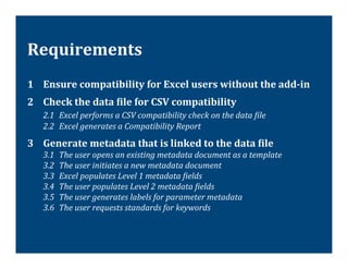 Requirements	
  
1 	
  Ensure	
  compatibility	
  for	
  Excel	
  users	
  without	
  the	
  add-­‐in	
  
2 	
  Check	
  the	
  data	
  Tile	
  for	
  CSV	
  compatibility	
  
  	
  2.1 	
  Excel	
  performs	
  a	
  CSV	
  compatibility	
  check	
  on	
  the	
  data	
  Vile	
  
     	
  2.2 	
  Excel	
  generates	
  a	
  Compatibility	
  Report	
  	
  

3 	
  Generate	
  metadata	
  that	
  is	
  linked	
  to	
  the	
  data	
  Tile	
  
     	
  3.1   	
  The	
  user	
  opens	
  an	
  existing	
  metadata	
  document	
  as	
  a	
  template	
  
     	
  3.2   	
  The	
  user	
  initiates	
  a	
  new	
  metadata	
  document	
  
     	
  3.3   	
  Excel	
  populates	
  Level	
  1	
  metadata	
  Vields	
  
     	
  3.4   	
  The	
  user	
  populates	
  Level	
  2	
  metadata	
  Vields	
  
     	
  3.5   	
  The	
  user	
  generates	
  labels	
  for	
  parameter	
  metadata	
  
     	
  3.6   	
  The	
  user	
  requests	
  standards	
  for	
  keywords	
  
 