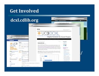 Get	
  Involved	
  
dcxl.cdlib.org	
  	
  
	
        @dcxlCDL	
  
                       	
  




                      www.facebook.com/
                      DCXLatCDL	
  
                      	
  
 
