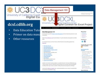 Data Management 101"




dcxl.cdlib.org	
  
•    Data	
  Education	
  Tutorials	
  
•    Primer	
  on	
  data	
  management	
  
•    Other	
  resources	
  
 