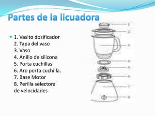  1. Vasito dosificador
  2. Tapa del vaso
  3. Vaso
  4. Anillo de silicona
  5. Porta cuchillas
  6. Aro porta cuchilla.
  7. Base Motor
  8. Perilla selectora
  de velocidades
 
