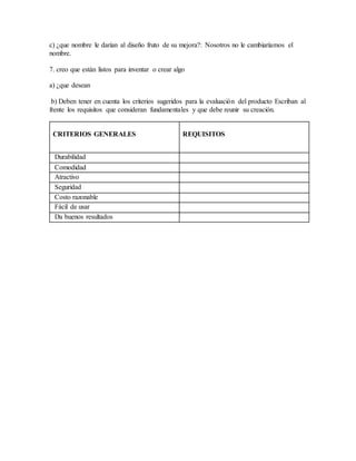 c) ¿que nombre le darían al diseño fruto de su mejora?: Nosotros no le cambiaríamos el
nombre.
7. creo que están listos para inventar o crear algo
a) ¿que desean
b) Deben tener en cuenta los criterios sugeridos para la evaluación del producto Escriban al
frente los requisitos que consideran fundamentales y que debe reunir su creación.
CRITERIOS GENERALES REQUISITOS
Durabilidad
Comodidad
Atractivo
Seguridad
Costo razonable
Fácil de usar
Da buenos resultados
 