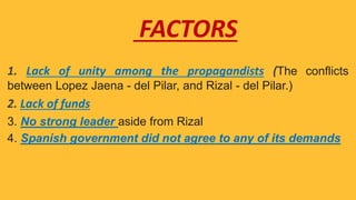 1. Lack of unity among the propagandists (The conflicts
between Lopez Jaena - del Pilar, and Rizal - del Pilar.)
2. Lack of funds
3. No strong leader aside from Rizal
4. Spanish government did not agree to any of its demands
FACTORS
 