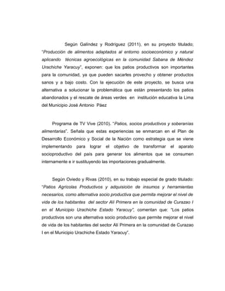 Según Galíndez y Rodríguez (2011), en su proyecto titulado;
“Producción de alimentos adaptados al entorno socioeconómico y natural
aplicando técnicas agroecológicas en la comunidad Sabana de Méndez
Urachiche Yaracuy”, exponen: que los patios productivos son importantes
para la comunidad, ya que pueden sacarles provecho y obtener productos
sanos y a bajo costo. Con la ejecución de este proyecto, se busca una
alternativa a solucionar la problemática que están presentando los patios
abandonados y el rescate de áreas verdes en institución educativa la Lima
del Municipio José Antonio Páez
Programa de TV Vive (2010). “Patios, socios productivos y soberanías
alimentarias”. Señala que estas experiencias se enmarcan en el Plan de
Desarrollo Económico y Social de la Nación como estrategia que se viene
implementando para lograr el objetivo de transformar el aparato
socioproductivo del país para generar los alimentos que se consumen
internamente e ir sustituyendo las importaciones gradualmente.
Según Oviedo y Rivas (2010), en su trabajo especial de grado titulado:
“Patios Agrícolas Productivos y adquisición de insumos y herramientas
necesarios, como alternativa socio productiva que permita mejorar el nivel de
vida de los habitantes del sector Alí Primera en la comunidad de Curazao I
en el Municipio Urachiche Estado Yaracuy”, comentan que: “Los patios
productivos son una alternativa socio productivo que permite mejorar el nivel
de vida de los habitantes del sector Alí Primera en la comunidad de Curazao
I en el Municipio Urachiche Estado Yaracuy”.
 
