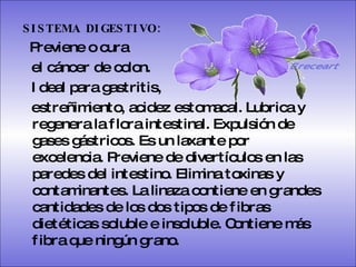SISTEMA DIGESTIVO: Previene o cura  el cáncer de colon.  Ideal para gastritis,  estreñimiento, acidez estomacal. Lubrica y regenera la flora intestinal. Expulsión de gases gástricos. Es un laxante por excelencia. Previene de divertículos en las paredes del intestino. Elimina toxinas y contaminantes. La linaza contiene en grandes cantidades de los dos tipos de fibras dietéticas soluble e insoluble. Contiene más fibra que ningún grano.  Ereceart 