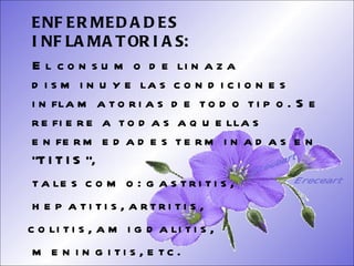 SISTEMA DIGESTIVO: Previene o cura el cáncer de colon. Ideal para gastritis, estreñimiento, acidez estomacal. Lubrica y regenera la flora intestinal. Expulsión de gases gástricos. Es un laxante por excelencia. Previene de divertículos en las paredes del intestino. Elimina toxinas y contaminantes. La linaza contiene en grandes cantidades de los dos tipos de fibras dietéticas soluble e insoluble. Contiene más fibra que ningún grano.  ENFERMEDADES INFLAMATORIAS:  El consumo de linaza disminuye las condiciones inflamatorias de todo tipo. Se refiere a todas aquellas enfermedades terminadas en "TITIS",  tales como: gastritis, hepatitis, artritis,  colitis, amigdalitis,  meningitis, etc.  Ereceart Ereceart 