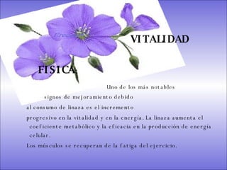 SISTEMA DIGESTIVO: Previene o cura el cáncer de colon. Ideal para gastritis, estreñimiento, acidez estomacal. Lubrica y regenera la flora intestinal. Expulsión de gases gástricos. Es un laxante por excelencia. Previene de divertículos en las paredes del intestino. Elimina toxinas y contaminantes. La linaza contiene en grandes cantidades de los dos tipos de fibras dietéticas soluble e insoluble. Contiene más fibra que ningún grano.        VITALIDAD FISICA : Uno de los más notables    signos de mejoramiento debido  al consumo de linaza es el incremento  progresivo en la vitalidad y en la energía. La linaza aumenta el coeficiente metabólico y la eficacia en la producción de energía celular.  Los músculos se recuperan de la fatiga del ejercicio.  Ereceart 