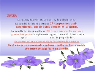 CÁNCER: De mama, de próstata, de colon, de pulmón, etc., La semilla de linaza contiene  27 componentes anti-cancerígenos, uno de estos agentes es la  Lignina.  La semilla de linaza contiene  100 veces más que los mejores granos integrales . Ningún otro vegetal  conocido hasta ahora igual  a estas propiedades. Es un protector en contra de la formación de tumores . En el cáncer se recomienda combinar semilla de linaza molida con queso cottage bajo en calorías.  Ereceart 