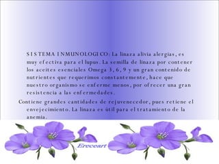 SISTEMA DIGESTIVO: Previene o cura el cáncer de colon. Ideal para gastritis, estreñimiento, acidez estomacal. Lubrica y regenera la flora intestinal. Expulsión de gases gástricos. Es un laxante por excelencia. Previene de divertículos en las paredes del intestino. Elimina toxinas y contaminantes. La linaza contiene en grandes cantidades de los dos tipos de fibras dietéticas soluble e insoluble. Contiene más fibra que ningún grano.  SISTEMA INMUNOLOGICO: La linaza alivia alergias, es muy efectiva para el lupus. La semilla de linaza por contener los aceites esenciales Omega 3, 6, 9 y un gran contenido de nutrientes que requerimos constantemente, hace que nuestro organismo se enferme menos, por ofrecer una gran resistencia a las enfermedades.  Contiene grandes cantidades de rejuvenecedor, pues retiene el envejecimiento. La linaza es útil para el tratamiento de la anemia.   Ereceart 