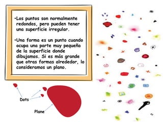 •Los puntos son normalmente
redondos, pero pueden tener
una superficie irregular.
•Una forma es un punto cuando
ocupa una parte muy pequeña
de la superficie donde
dibujamos. Si es más grande
que otras formas alrededor, lo
consideramos un plano.
Dots
Plane
 