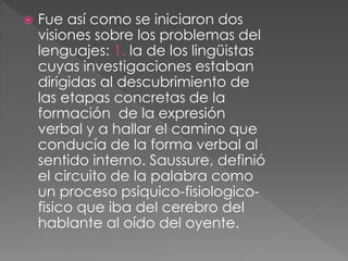  Fue así como se iniciaron dos
visiones sobre los problemas del
lenguajes: 1. la de los lingüistas
cuyas investigaciones estaban
dirigidas al descubrimiento de
las etapas concretas de la
formación de la expresión
verbal y a hallar el camino que
conducía de la forma verbal al
sentido interno. Saussure, definió
el circuito de la palabra como
un proceso psiquico-fisiologico-
fisico que iba del cerebro del
hablante al oído del oyente.
 