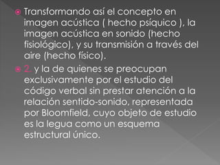  Transformando así el concepto en
imagen acústica ( hecho psíquico ), la
imagen acústica en sonido (hecho
fisiológico), y su transmisión a través del
aire (hecho físico).
 2. y la de quienes se preocupan
exclusivamente por el estudio del
código verbal sin prestar atención a la
relación sentido-sonido, representada
por Bloomfield, cuyo objeto de estudio
es la legua como un esquema
estructural único.
 