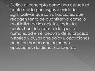  Define el concepto como una estructura
conformada por rasgos o unidades
significativas que son atracciones que
recogen tanto de cuantitativo como lo
cualitativo de los objetos, todas las
cuales han sido construidas por la
humanidad en el decurso de su proceso
histórico y cuyas analogías u oposiciones
permiten hacer asociaciones u
oposiciones de dichos conceptos.
 