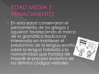  En esta edad conservaron el
pensamiento de los griegos y
siguieron favoreciendo el marco
de la gramática tradicional
interesada en mantener el
predominio de la lengua escrita
sobre la lengua hablada y la
normatividad que trataba de
impedir el proceso evolutivo de
los distintos códigos verbales.
 