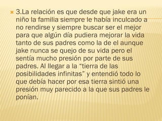    3.La relación es que desde que jake era un
    niño la familia siempre le había inculcado a
    no rendirse y siempre buscar ser el mejor
    para que algún día pudiera mejorar la vida
    tanto de sus padres como la de el aunque
    jake nunca se quejo de su vida pero el
    sentía mucho presión por parte de sus
    padres. Al llegar a la “tierra de las
    posibilidades infinitas” y entendió todo lo
    que debía hacer por esa tierra sintió una
    presión muy parecido a la que sus padres le
    ponían.
 