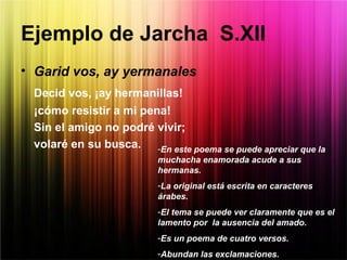 Ejemplo de Jarcha S.XII
• Garid vos, ay yermanales
Decid vos, ¡ay hermanillas!
¡cómo resistir a mi pena!
Sin el amigo no podré vivir;
volaré en su busca. -En este poema se puede apreciar que la
muchacha enamorada acude a sus
hermanas.
-La original está escrita en caracteres
árabes.
-El tema se puede ver claramente que es el
lamento por la ausencia del amado.
-Es un poema de cuatro versos.
-Abundan las exclamaciones.
 