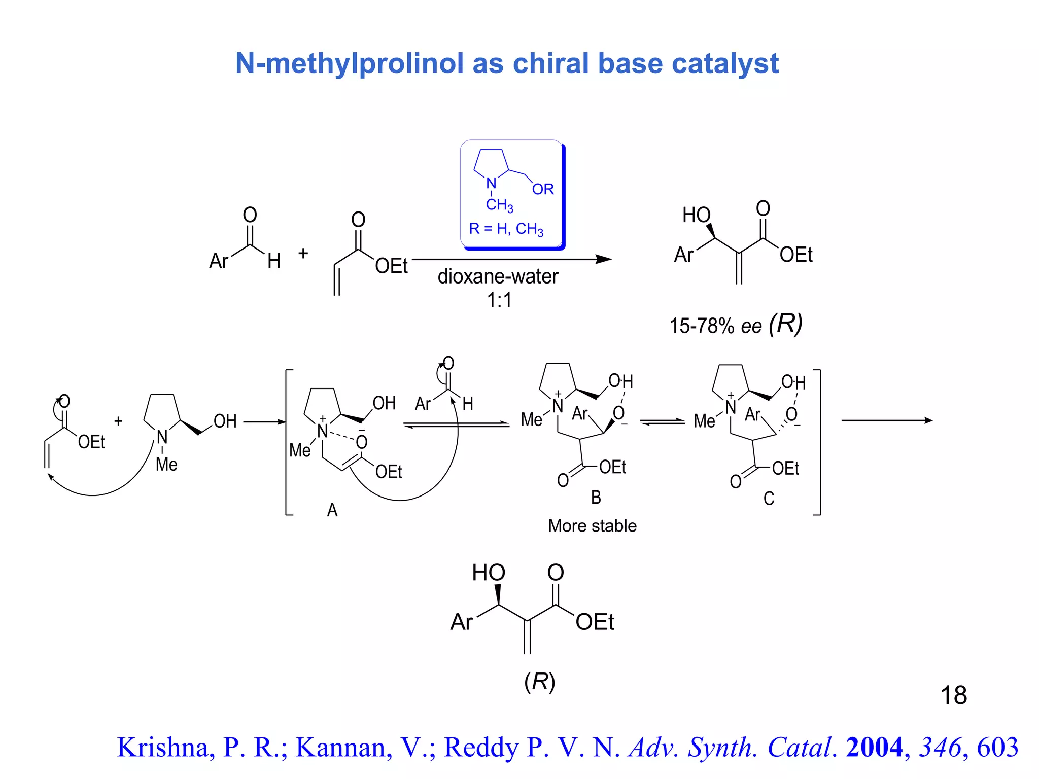 N-methylprolinol as chiral base catalyst Krishna, P. R.; Kannan, V.; Reddy P. V. N.  Adv. Synth. Catal .  2004 ,  346 , 603 More stable 18 (R) 