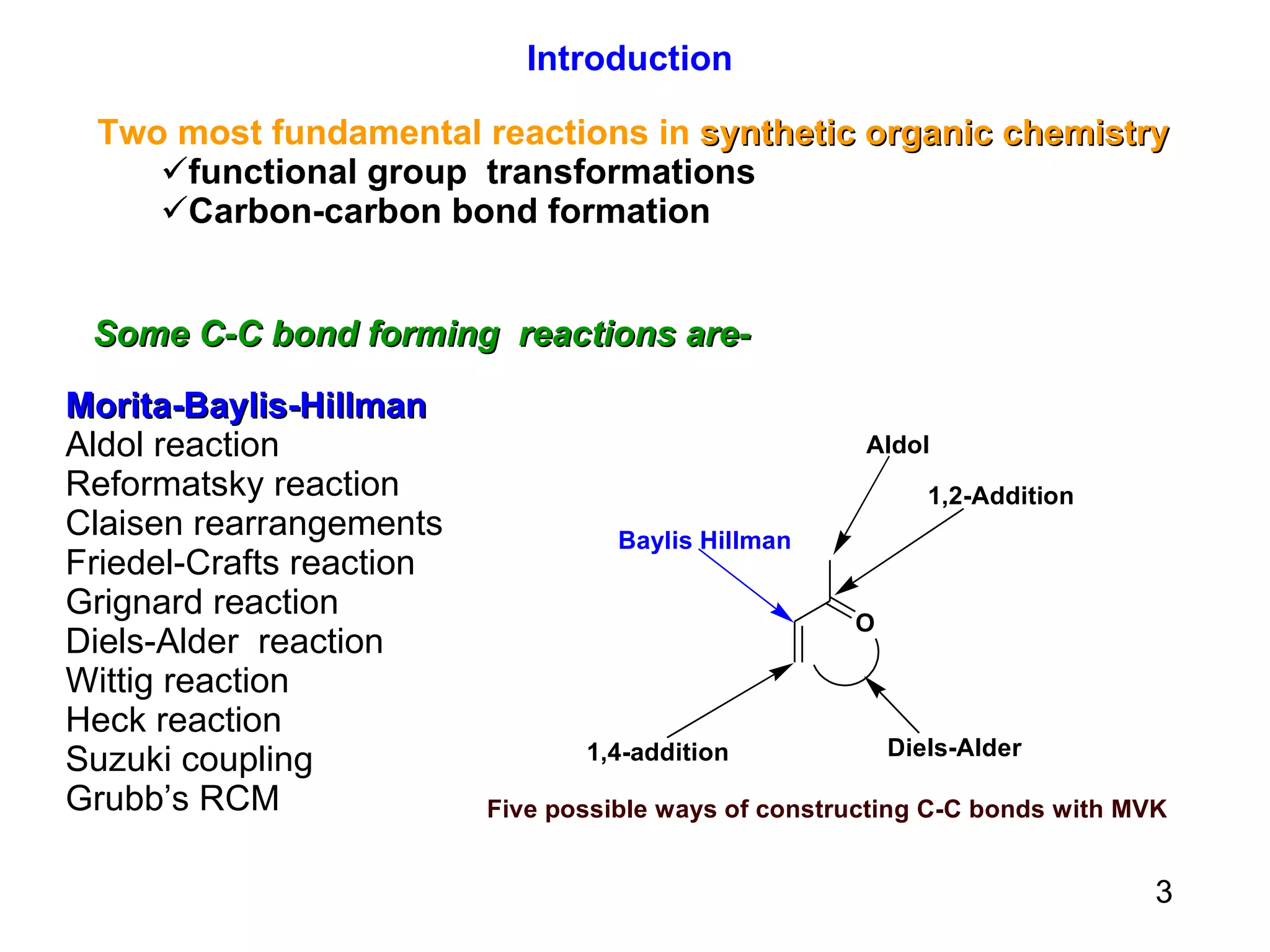 Introduction Two most fundamental reactions in  synthetic organic chemistry functional group  transformations   Carbon-carbon bond formation Morita-Baylis-Hillman Aldol reaction Reformatsky reaction Claisen rearrangements  Friedel-Crafts reaction  Grignard reaction  Diels-Alder  reaction  Wittig reaction  Heck reaction Suzuki coupling  Grubb’s RCM Some C-C bond forming  reactions are- 3 