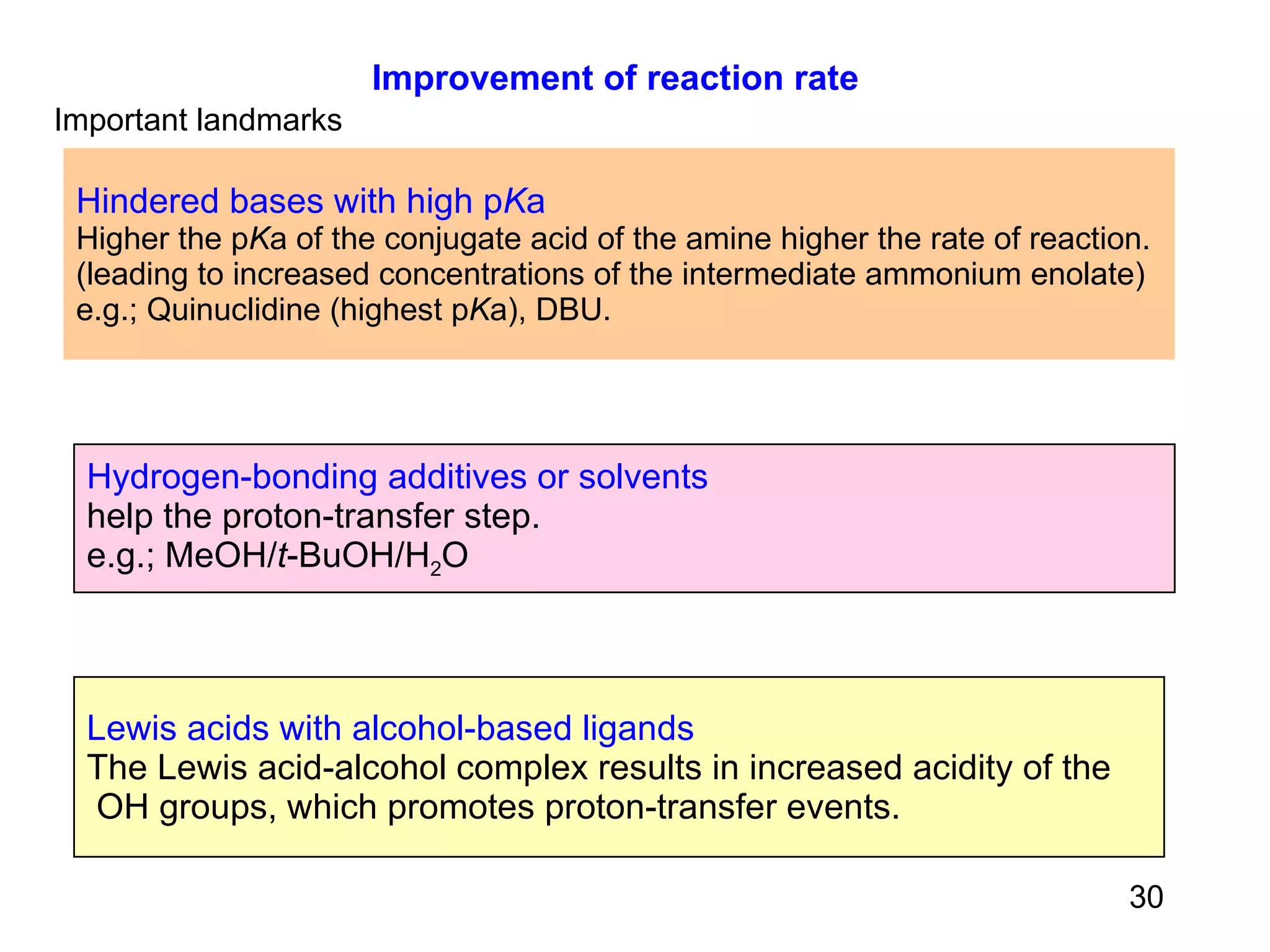 Hindered bases with high p K a   Higher the p K a of the conjugate acid of the amine higher the rate of reaction. (leading to increased concentrations of the intermediate ammonium enolate) e.g.; Quinuclidine (highest p K a), DBU.  Improvement of reaction rate Important landmarks Hydrogen-bonding additives or solvents help the proton-transfer step. e.g.; MeOH/ t -BuOH/H 2 O Lewis acids with alcohol-based ligands The Lewis acid-alcohol complex results in increased acidity of the OH groups, which promotes proton-transfer events. 30 
