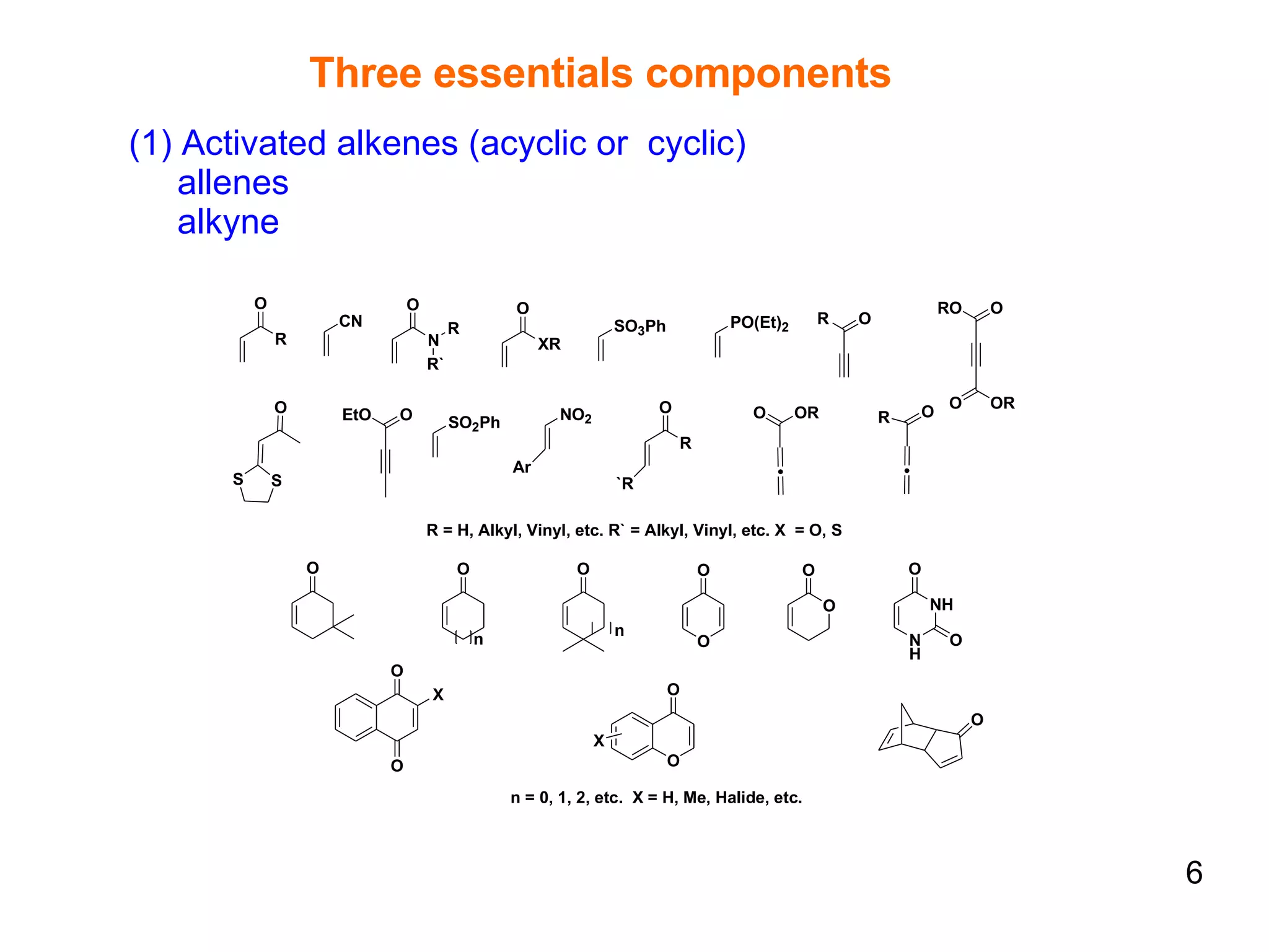 Three essentials components   (1) Activated alkenes (acyclic or  cyclic) allenes alkyne 6 