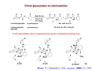Chiral glyoxylates as electrophiles Bauer, T.; Tarasiuk J.;  Tett. Asymm .;  2001 , 12 , 1741 s-cis s-cis s-trans In all case bottom side of reacting formyl group is blocked by phenyl ring. 15 