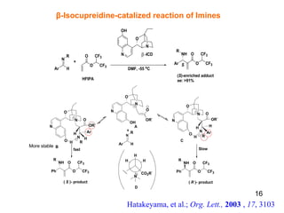 Hatakeyama, et al.;  Org. Lett.,   2003   ,  17 , 3103  β -Isocupreidine-catalized reaction of Imines   More stable   16 
