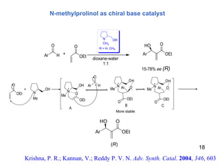 N-methylprolinol as chiral base catalyst Krishna, P. R.; Kannan, V.; Reddy P. V. N.  Adv. Synth. Catal .  2004 ,  346 , 603 More stable 18 (R) 