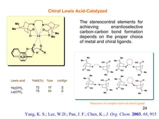 Yang, K. S.; Lee, W.D.; Pan, J. F.; Chen, K.;  J. Org. Chem.  2003 ,  68 , 915 Chiral Lewis Acid-Catalyzed The stereocontrol elements for achieving enantioselective carbon-carbon bond formation depends on the proper choice of metal and chiral ligands. Structures of camphor derived chiral ligand Lewis acid Yb(OTf) 3 La(OTf) 3 Yield(%) 72 75 % ee 17 84 confign S S 24 