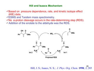 Hill and Isaacs Mechanism   Based on  pressure dependence, rate, and kinetic isotope effect  (KIE) data . ESMS and Tandem mass spectrometry. No  α -proton cleavage occurs in the rate-determining step (RDS). Addition of the enolate to the aldehyde was the RDS. Hill, J. S.; Isaacs, N. S.;  J. Phys. Org. Chem.  1990 ,  3 , 285 