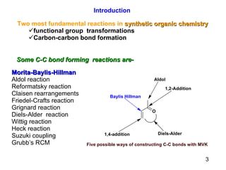 Introduction Two most fundamental reactions in  synthetic organic chemistry functional group  transformations   Carbon-carbon bond formation Morita-Baylis-Hillman Aldol reaction Reformatsky reaction Claisen rearrangements  Friedel-Crafts reaction  Grignard reaction  Diels-Alder  reaction  Wittig reaction  Heck reaction Suzuki coupling  Grubb’s RCM Some C-C bond forming  reactions are- 3 