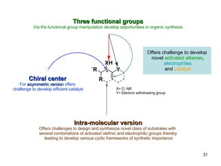 Three functional groups Via the functional group manipulation develop opportunities in organic synthesis Chiral center For  asymmetric version  offers challenge to develop efficient catalyst Intra-molecular version Offers challenges to design and synthesize novel class of substrates with  several combinations of activated olefinic and electrophilic groups thereby leading to develop various cyclic frameworks of synthetic importance X= O, NR Y= Electron withdrawing group Offers challenge to develop novel  activated alkenes , electrophiles and  catalyst 