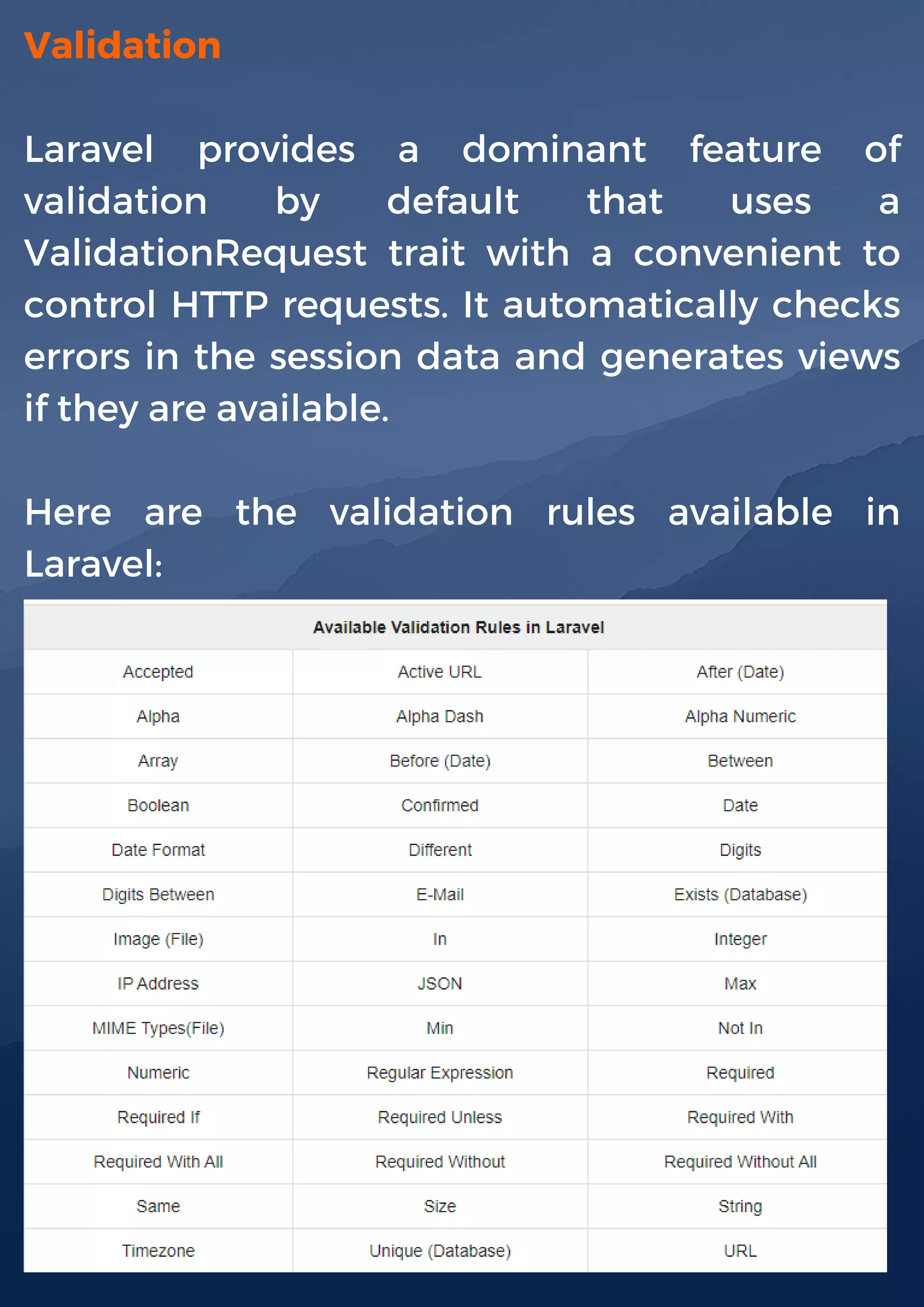 Validation
Laravel provides a dominant feature of
validation by default that uses a
ValidationRequest trait with a convenient to
control HTTP requests. It automatically checks
errors in the session data and generates views
if they are available.
Here are the validation rules available in
Laravel:
 