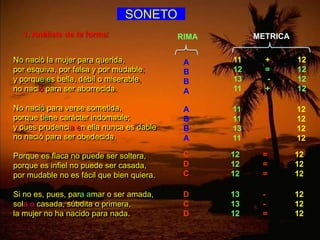 SONETO
  1. Análisis de la forma:                 RIMA        METRICA

No nació la mujer para querida,             A     11     +       12
por esquiva, por falsa y por mudable;       B     12     =       12
y porque es bella, débil o miserable,       B     13     -       12
no nació para ser aborrecida.               A     11     +       12

No nació para verse sometida,               A     11     +       12
porque tiene carácter indomable;            B     11     +       12
y pues prudencia en ella nunca es dable     B     13     -       12
no nació para ser obedecida.                A     11     +       12

Porque es flaca no puede ser soltera,       C     12    =        12
porque es infiel no puede ser casada,       D     12    =        12
por mudable no es fácil que bien quiera.    C     12    =        12

Si no es, pues, para amar o ser amada,      D     13    -        12
sola o casada, súbdita o primera,           C     13    -        12
la mujer no ha nacido para nada.            D     12    =        12
 