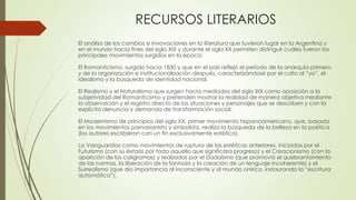 RECURSOS LITERARIOS
El análisis de los cambios e innovaciones en la literatura que tuvieron lugar en la Argentina y
en el ...