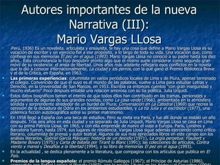 Autores importantes de la nueva Narrativa (III): Mario Vargas LLosa <ul><li>( Perú, 1936) Es un novelista, articulista y e...