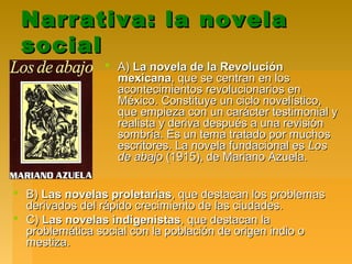 Narrativa: la novelaNarrativa: la novela
socialsocial
 A)A) La novela de la RevoluciónLa novela de la Revolución
mexicanamexicana, que se centran en los, que se centran en los
acontecimientos revolucionarios enacontecimientos revolucionarios en
México. Constituye un ciclo novelístico,México. Constituye un ciclo novelístico,
que empieza con un carácter testimonial yque empieza con un carácter testimonial y
realista y deriva después a una revisiónrealista y deriva después a una revisión
sombría. Es un tema tratado por muchossombría. Es un tema tratado por muchos
escritores. La novela fundacional esescritores. La novela fundacional es LosLos
de abajode abajo (1915), de Mariano Azuela.(1915), de Mariano Azuela.
 B)B) Las novelas proletariasLas novelas proletarias, que destacan los problemas, que destacan los problemas
derivados del rápido crecimiento de las ciudades.derivados del rápido crecimiento de las ciudades.
 C)C) Las novelas indigenistasLas novelas indigenistas, que destacan la, que destacan la
problemática social con la población de origen indio oproblemática social con la población de origen indio o
mestiza.mestiza.
 