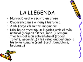 LA LLEGENDA Narració oral o escrita en prosa D’aparença més o menys històrica Amb força elements imaginaris N’hi ha de tres tipus: lligades amb el món natural (orígens astres, món…), les que tracten del món sobrenatural (fades, follets, gegants…) i les relacionades amb la història humana (sant Jordi, bandolers, bruixes…) 