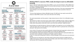 Making PMAY a success: PMO, realty developers meet on affordable
housing
Eager to make the Pradhan Mantri Awas Yojana (PMAY) a success, the Prime Minister's Office (PMO) held a
meeting on Sunday with leading developers, the sectoral body and bankers on what was needed for mega-
size projects in affordable housing.
Around 30 members from the real estate sector were there, said sources. There were representatives from
major developers such as Tata Housing and DLF, beside those from sectoral associations Credai and
Naredco.
“The hour-long meeting was all about affordable housing. The PMO said it was ready to work with the
industry to make PMAY a success,” said a source who was at the meeting.
The realty representatives said they wanted a ‘single window clearance scheme’ for all affordable housing
projects.
“We need this as it takes a lot of time to get a project started. In affordable housing, margins are tight and a
delay mounts costs. Also, we want the government to come up with a public-private partnership (PPP)
model, where they provide us with land, as that is one of the main cost factors,” added the source.
Sectoral bodies also asked that Minimum Alternate Tax (MAT) in this regard be cut to nil; the PMO refused.
“Under this policy, there are certain obstacles on the supply side if done in a particular form. All these were
discussed,” said a person at the meeting.
Union minister of housing and urban poverty alleviation Venkaiah Naidu had inaugurated a scheme for 352
projects involving investment of at least Rs 38,000 crore to build over 200,000 houses.
The Confederation of Real Estate Developers’ Associations of India (Credai) said it could build 203,851 low-
cost homes, for Rs 15-30 lakh, in 53 cities across 17 states under the scheme.
It says it is in talks with the State Bank of India on a financial package, for both home loans and construction
finance.
The government has extended the credit linked subsidy scheme (CLSS) component of PMAY (Urban) to
middle income groups, with annual income of Rs 12-18 lakh, under which interest subsidy of four per cent
and three per cent on housing loans will be provided.
 