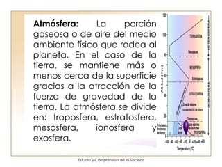 Atmósfera:  La porción gaseosa o de aire del medio ambiente físico que rodea al planeta. En el caso de la tierra, se mantiene más o menos cerca de la superficie gracias a la atracción de la fuerza de gravedad de la tierra. La atmósfera se divide en: troposfera, estratosfera, mesosfera, ionosfera y exosfera. 