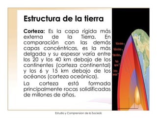 Estructura de la tierra Corteza:  Es la capa rígida más externa de la Tierra. En comparación con las demás capas concéntricas, es la más delgada y su espesor varía entre los 20 y los 40 km debajo de los continentes (corteza continental) y los 6 y 15 km debajo de los océanos (corteza oceánica). La corteza está formada principalmente rocas solidificadas de millones de años. 