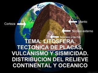 TEMA: LITOSFERA. TECTONICA DE PLACAS, VULCANISMO Y SISMICIDAD. DISTRIBUCION DEL RELIEVE CONTINENTAL Y OCEANICO 