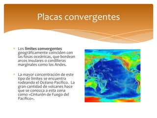 Placas convergentes


Los limites convergentes
geográficamente coinciden con
las fosas oceánicas, que bordean
arcos insulares o cordilleras
marginales como los Andes.

La mayor concentración de este
tipo de límites se encuentra
rodeando el Océano Pacífico. La
gran cantidad de volcanes hace
que se conozca a esta zona
como «Cinturón de Fuego del
Pacífico».
 
