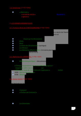 2
1.3. Senancour (1770-1846)
1804 : « Oberman », cet écrit est une introspection épistolaire qui décrit ce qu’on
appellera « le mal du siècle », c’est-à-dire la mélancolie que Baudelaire
appellera « spleen ».
2. LES GRANDS ROMANTIQUES
2.1. François-René de CHATEAUBRIAND (1768-1848)
Plus que tout autre, il apparaît comme celui qui incarna le mieux ce destin de l’homme
romantique calme et seul face à un monde plein des fureurs et de bruit.
1793-1797 : Essais sur les Révolutions
1801 : Atala (roman)
1802 : René (roman)
1802 : Le Génie du Christianisme (apologue)
1809 : Les Martyrs
1848 : Les Mémoires d’Outre-tombe (mémoires plus ou moins fictives ; proche
du journal, éditées après sa mort)
2.2. Alphonse de LAMARTINE (1790-1869)
1820 : Méditations poétiques ; elles annoncent le renouveau de la poésie
française.
« Ô temps ! suspend ton vol, et vous heures propices !
Suspendez votre cours » (extrait du Lac)
« Mon cœur lassé de tout, même de l’espérance » (extrait du Vallon)
1830 : Harmonies poétiques
1836 : Jocelyn (gigantesque épopée de 10 000 vers)
2.3. Victor HUGO (1802-1885)
Il est l’écrivain qui domine le siècle, même ses détracteurs sont obligés de reconnaître sa
puissance lyrique qui s’exerce dans tous les domaines littéraires.
1827 : Cromwell
1827 : « Préface de Cromwell » Elle apparaît plus importante que la pièce elle-
même car elle est un manifeste du théâtre romantique qui ne respecte plus les
trois règles d’unité du théâtre classique ni les règles de bienséances. C’est à partir
de cette préface que s’ouvre la querelle des Anciens et des Modernes ; les
premiers défenseurs des règles anciennes, le second ouvert au changement.
1829 : Les Orientales (poésie)
 