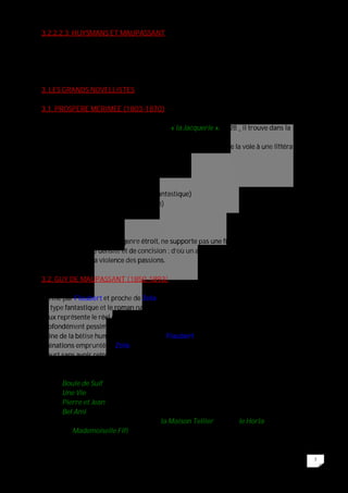 7
3.2.2.2.3 HUYSMANS ET MAUPASSANT
Ces deux auteurs font également partie du mouvement naturaliste ; nous les évoquerons
ultérieurement.
3. LES GRANDS NOVELLISTES
3.1. PROSPERE MERIMEE (1803-1870)
Débutant dans le roman historique –citons « la Jacquerie », 1828 _ il trouve dans la
nouvelle, le genre le mieux adapté à son talent.
Grand voyageur érudit, il rapporte des contes exotiques et ouvre la voie à une littérature
fantastique.
Ses œuvres :
1829 : Mateo Falcone (conte corse)
1834 : Les Ames du Purgatoire (conte fantastique)
1837 : La Vénus d’Ille (conte fantastique)
1840 : Colomba
1845 : Carmen
Pour Mérimée, la nouvelle, genre étroit, ne supporte pas une fracture médiocre, elle
exige beaucoup de densité et de concision ; d’où un art d’une pureté classique
contrastant avec la violence des passions.
3.2. GUY DE MAUPASSANT (1850-1893)
Formé par Flaubert et proche de Zola, l’œuvre de Maupassant hésite entre le conte noir
de type fantastique et le roman naturaliste. Mais les deux genres se rejoignent, car tout
deux représente le réel comme agressif, maudit, pervers.
Profondément pessimiste, Maupassant dessine un monde sans espérance, conjuguant la
haine de la bêtise humaine (empruntée à Flaubert) et l’observation clinique des
aliénations empruntée à Zola). Atteint d’une maladie mentale, il est interné en 1891, et
meurt sans avoir retrouvé sa lucidité.
Ses écrits :
1880 : Boule de Suif (nouvelle qui lui fait connaitre le succès)
1883 : Une Vie (roman)
1888 : Pierre et Jean (roman)
1885 : Bel Ami (roman)
: 300 nouvelles, parmi lesquelles, la Maison Tellier (1881), le Horla (1887, deux
versions), Mademoiselle Fifi (182)
 