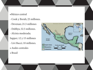 •México central
- Cook y Borah; 25 millones.
- Devenan; 21.5 millones
- Dobbys; 32.5 millones.
- Alcista moderada;
Sapper; 12 y 15 millones
- Livi Bacci; 10 millones.
• Andes centrales
• Brasil
 
