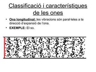 Classificació i característiques
de les ones
• Ona longitudinal: les vibracions són paral·leles a la
direcció d’expansió de l’ona.
• EXEMPLE: El so.
 